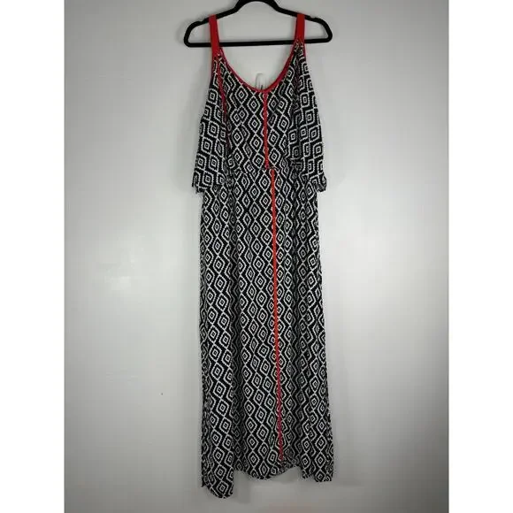 Cato Argyle Geometric Print Maxi Dress Plus Size 22/24 Navy Blue Red Side  Slit